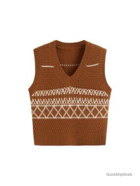 Geometric Jacquard Knit Sweater Vest Cropped Sleeveless V-Neck Layering Top